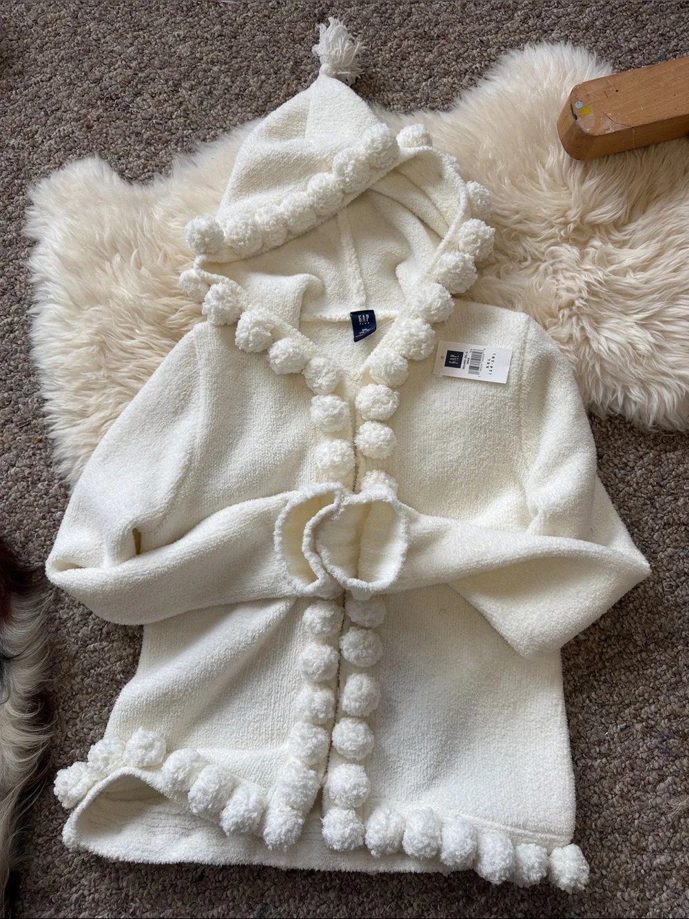 GAP Girl’s XXL Cream Bouclé Hooded Jacket with Pom Trim
